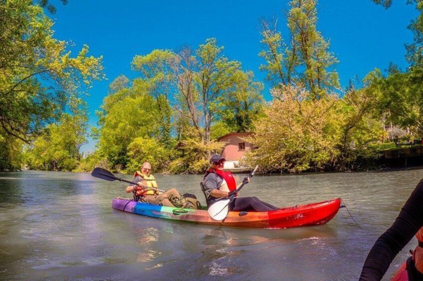 Two people kayaking on a calm river surrounded by lush greenery. 5