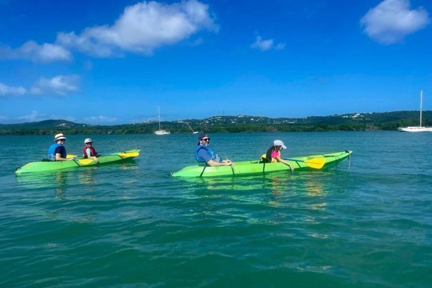 People kayaking on a calm sea with clear skies and distant land. 1