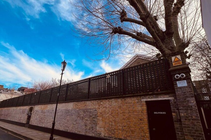 A brick wall with a black metal fence, a tree, and a street lamp. 1
