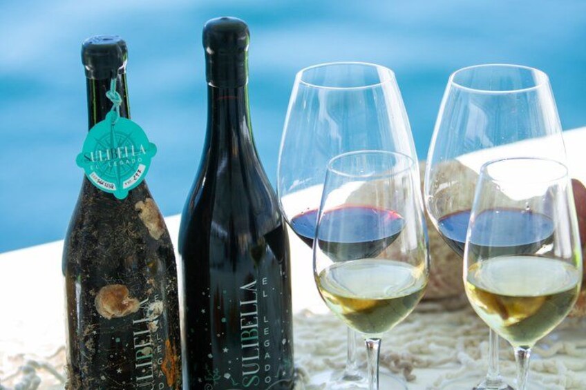 Two bottles and four wine glasses on a table with a scenic view in the background. 3