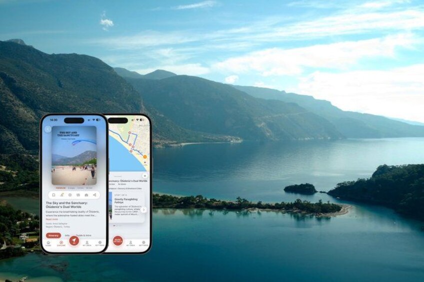 A smartphone displaying a travel app with a scenic view of a lake surrounded by mountains. 1