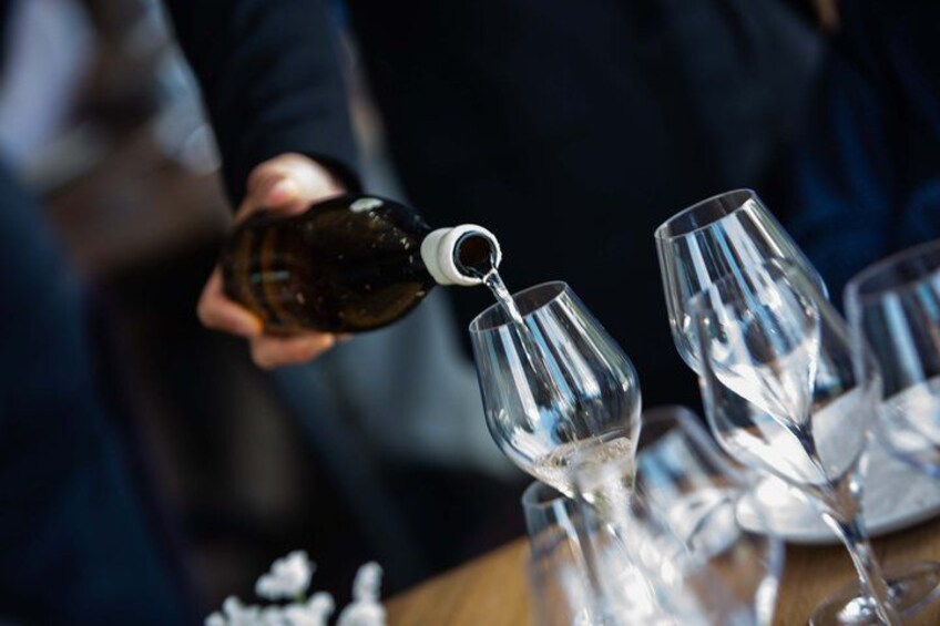 A person pouring wine into a glass. 4