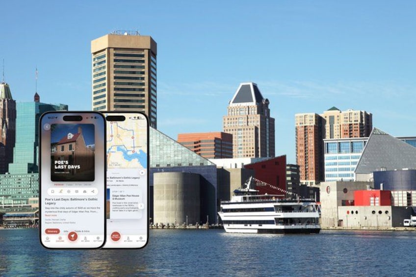 A smartphone displaying a travel app with a city skyline in the background. 1