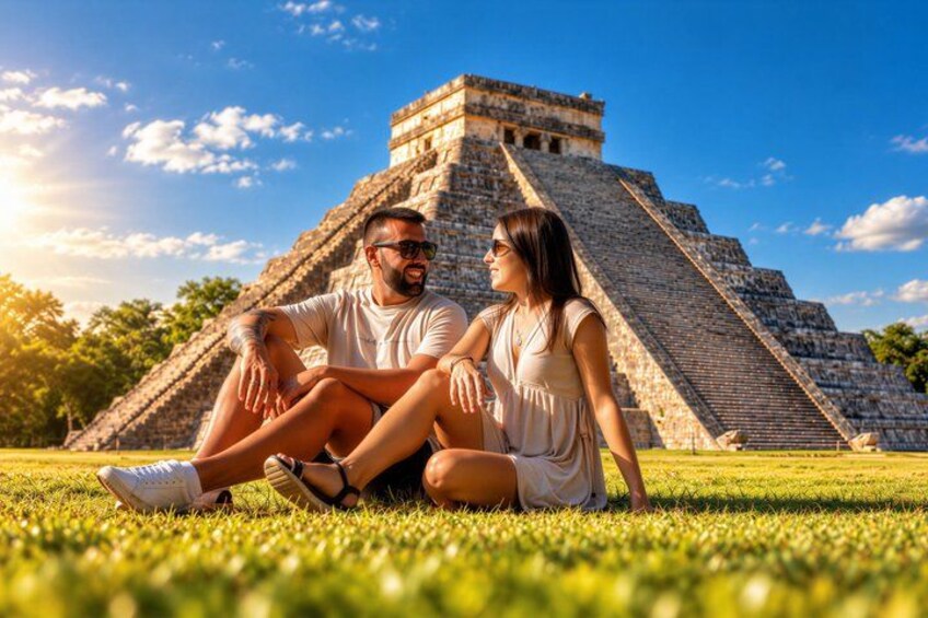 A couple sitting on grass in front of a large pyramid structure. 1