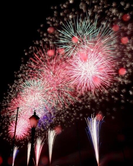 A night scene with fireworks exploding in various colors, a street lamp, and a dark sky. 3