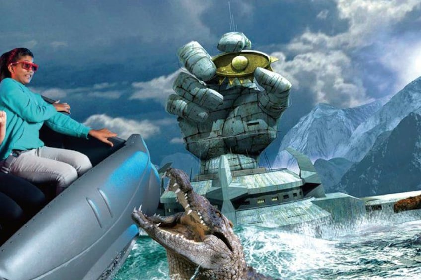 A person on a raft, a large mechanical structure, and a dinosaur-like creature in a body of water with mountains in the background. 5