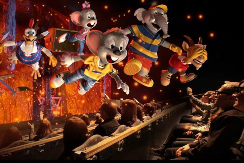 Animated characters flying in an auditorium with an audience. 1