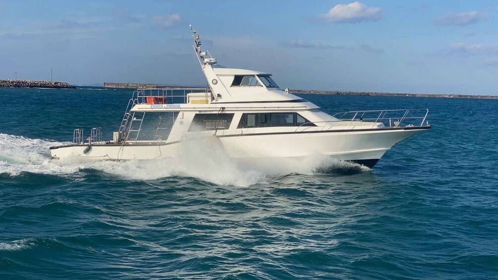 A white motorboat moving through choppy waters with a rocky breakwater in the background. 3