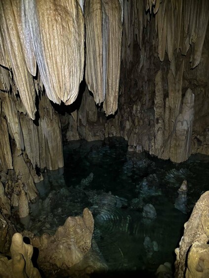 A cave interior with stalactites hanging from the ceiling and a pool of water at the bottom. 2