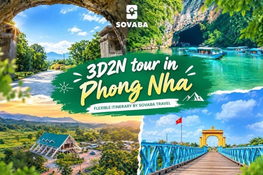 A 3D tour in Phong Nha with a bridge, a temple, and a river. 1