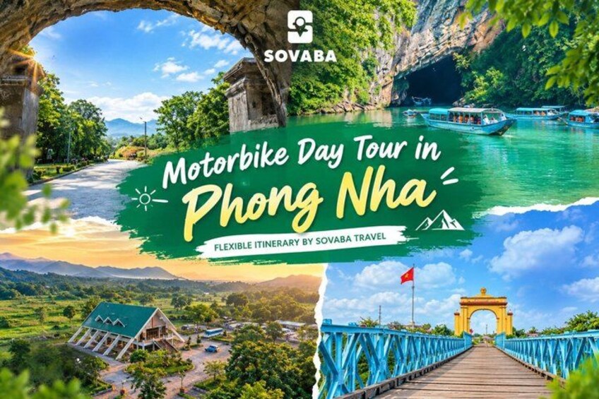 Un recorrido en motocicleta por Phong Nha, con un puente, un río y vegetación. 1