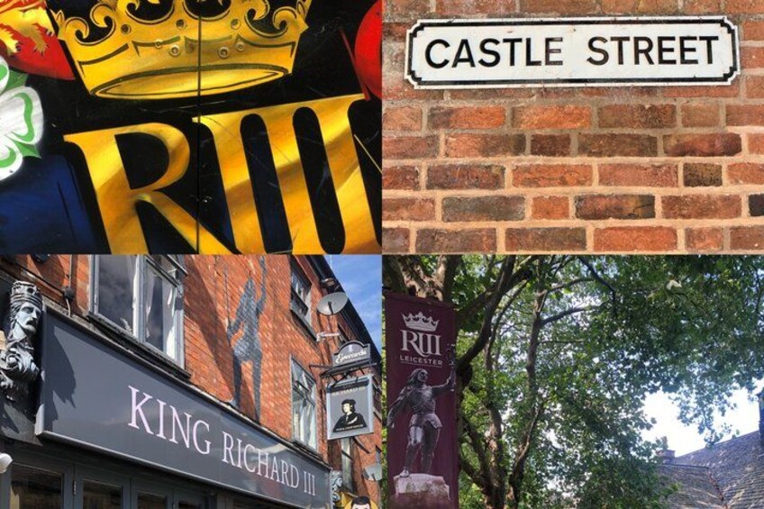 A collage of Castle Street, King Richard III, and a building with a sign. 3
