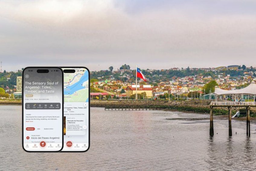 A smartphone displaying a travel app with a map, a coastal town, and a flag. 1