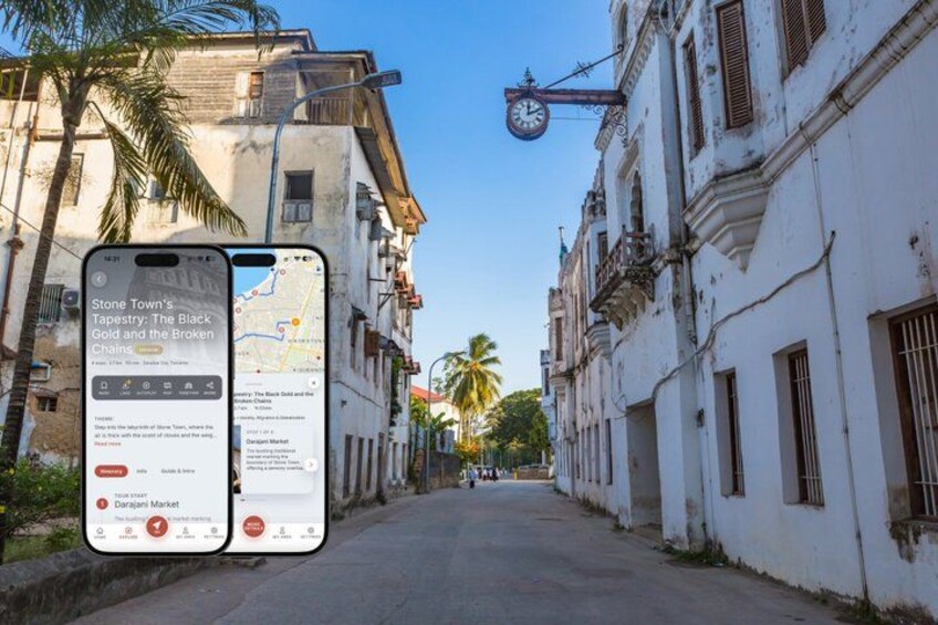 A narrow street lined with old buildings, a street clock, and a smartphone displaying a map. 1
