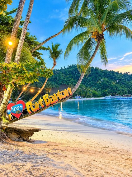 Una playa con palmeras, un cartel que dice 'Port Barón' y un mar azul cristalino. 1
