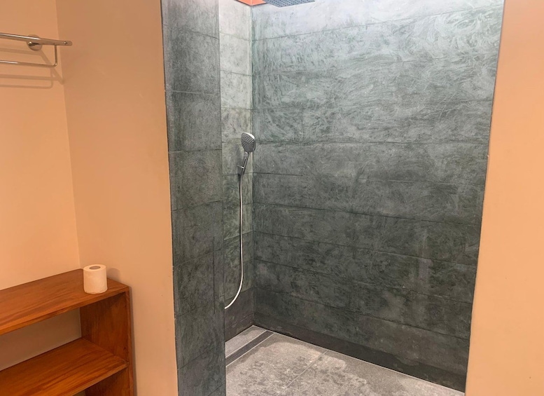 A shower with dark tiles, a handheld showerhead, and a wooden shelf with a roll of toilet paper. 3