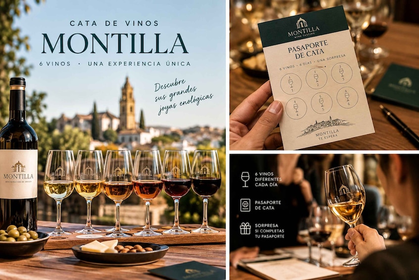 A wine tasting event with Montilla wine glasses and a passport de cata card. 1