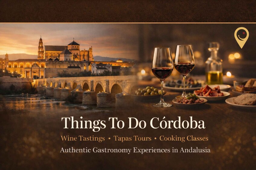 A scenic view of Córdoba with a bridge, wine glasses, and a bottle on a table. 2