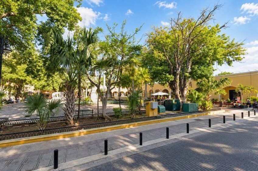 A paved plaza with trees, a fence, and buildings in the background. 5