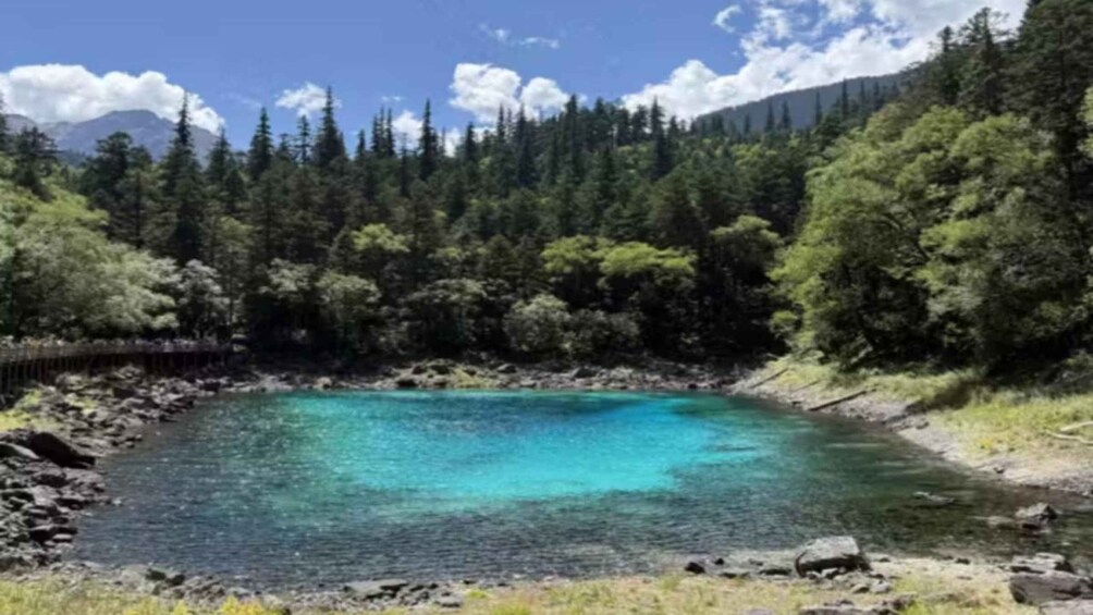 Een turquoise meer, omgeven door dicht bos en bergen. 3