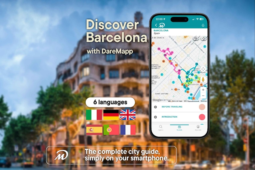 A smartphone displaying a map of Barcelona with various points of interest marked. 1