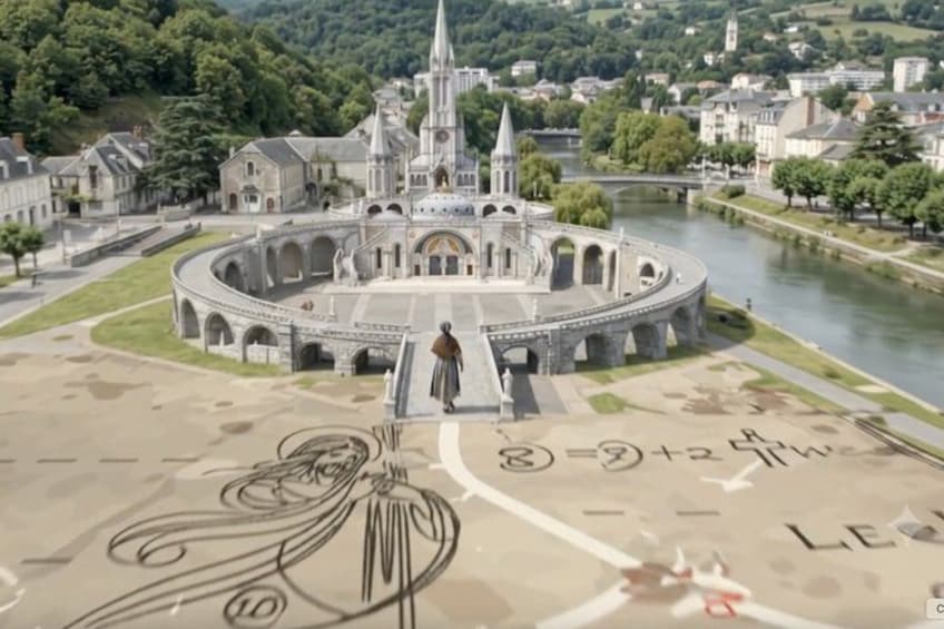 A historic circular building with a central tower, surrounded by a river and greenery. 3