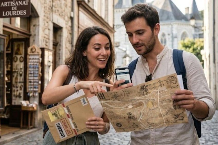 Two people examining a map and a package in an outdoor setting with a shop in the background. 4