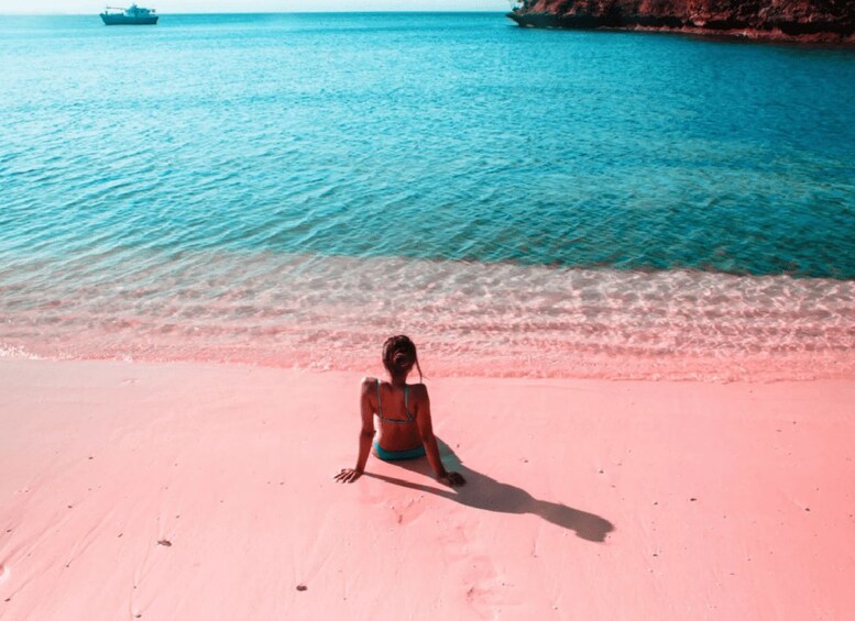 A person sitting on a pink beach with clear blue water and a boat in the distance. 2