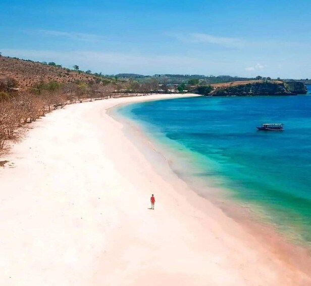 A sandy beach with clear blue water, a person walking, and a boat in the distance. 1