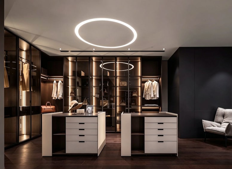 Ein modernes Interieur mit zwei Spiegelkleiderschränken, einer runden Leuchte an der Decke und einem Ledersessel. 1