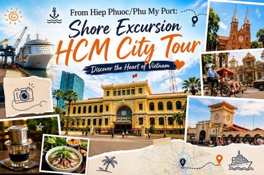A collage of HCMC city landmarks, including a cathedral, a yellow building, and a cruise ship. 1