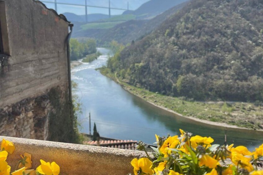 A river, a bridge, and a building with yellow flowers in the foreground. 2