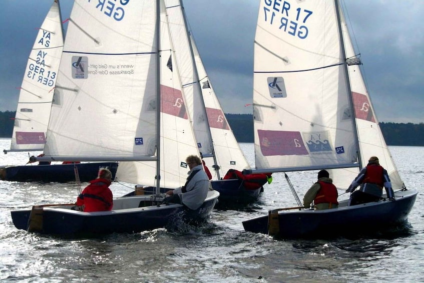 A group of sailboats on a body of water with people on board. 3