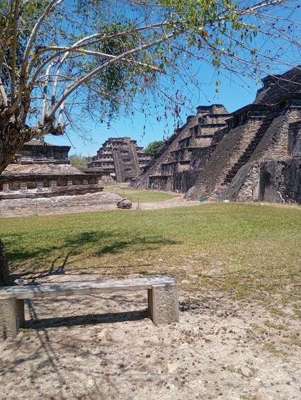 Ancient stone ruins with stepped pyramids and a grassy area with a bench. 3