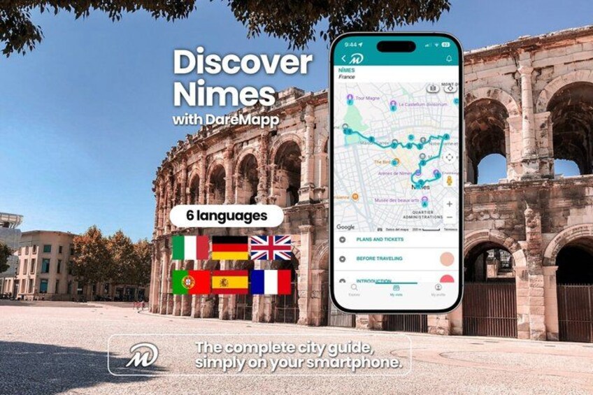 A smartphone displaying a map with landmarks and a historic building in the background. 1