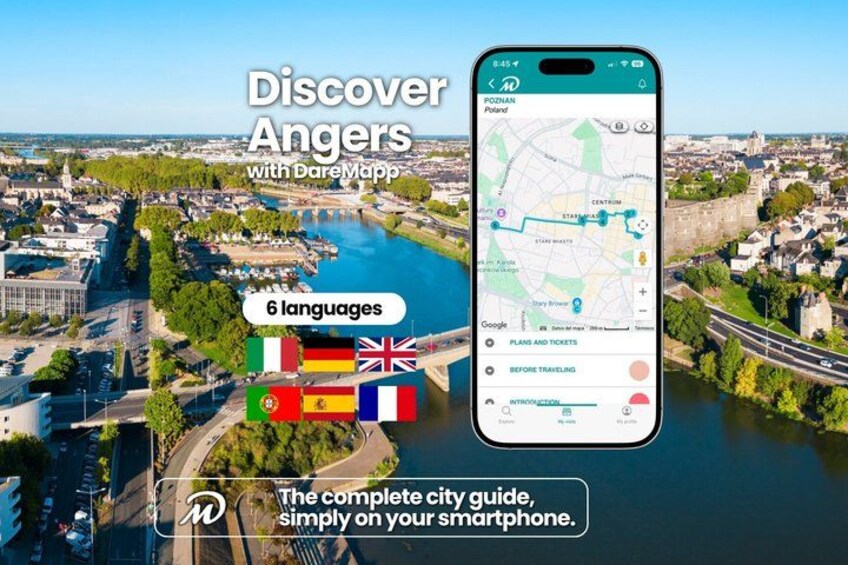 A smartphone displaying a city map with navigation options, surrounded by a scenic cityscape with a river and historical buildings. 1