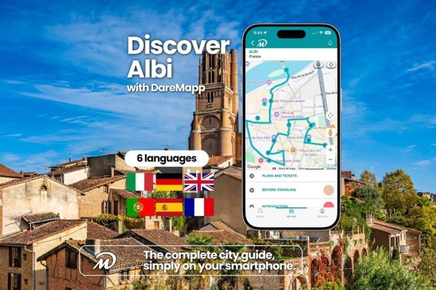 A smartphone displaying a map with the text 'Discover Albi with DareMapp' and flags of six languages. 1