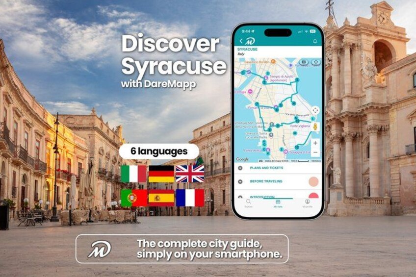 A smartphone displaying a map of Syracuse with landmarks, surrounded by historic architecture. 1