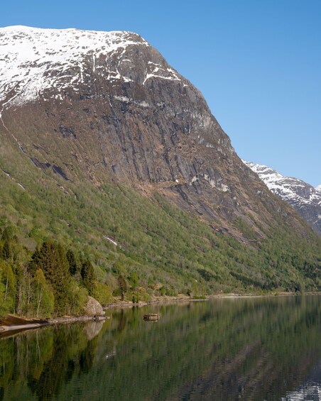 Une montagne parsemée de plaques de neige, un lac et une forêt dense. 4