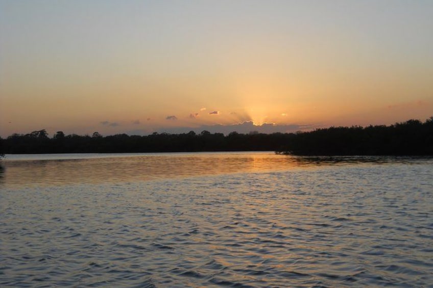A sunset over a calm body of water with a silhouette of trees in the background. 3