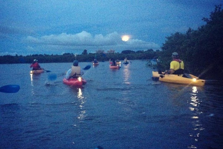 People kayaking on a river at night. 2