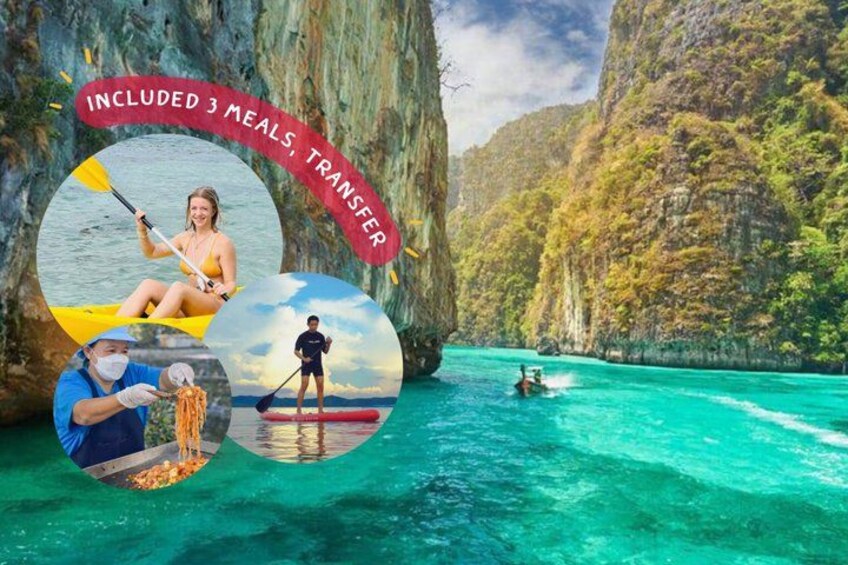 A kayaking activity in a turquoise sea with a rocky backdrop. 1