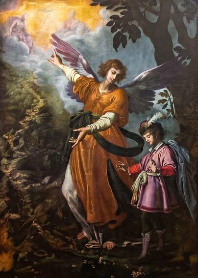 Un tableau classique représentant un ange et un enfant dans un décor forestier. 4