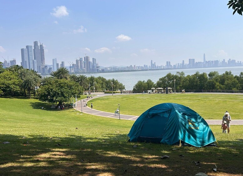 Een tent in een grasrijk park met een stadsachtergrond. 3