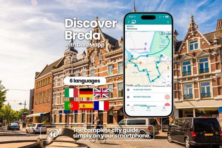 A smartphone displaying a map with the text 'Discover Breda with DareMapp' and flags of 6 languages. 1