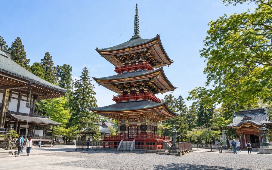Un pagodas japonés tradicional con varios niveles, rodeado de árboles y un patio de grava. 1