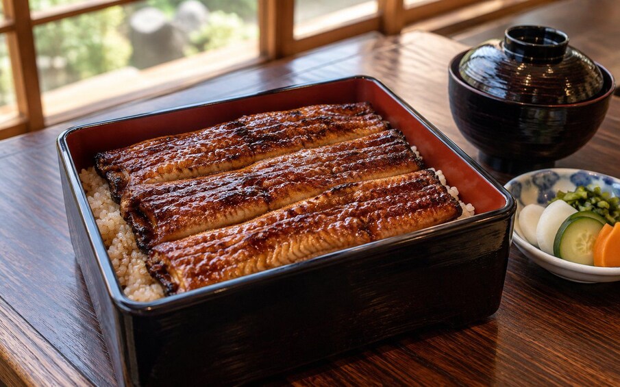 Un plato de pescado a la parrilla sobre arroz en una caja tradicional japonesa lacada, acompañado de un tazón de verduras. 3