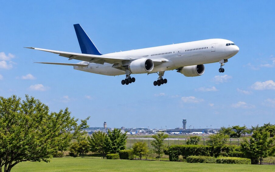 Un avión comercial grande en pleno vuelo con el tren de aterrizaje desplegado, aproximándose a una zona cubierta de césped con árboles e infraestructura aeroportuaria al fondo. 4