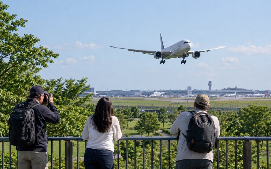 Un gran avión comercial despegando, con pasajeros observando en el suelo. 2