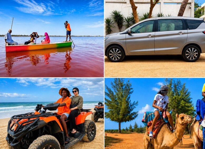 A boat on water, a car on a sandy area, a dune buggy on a beach, and a camel in a desert. 1